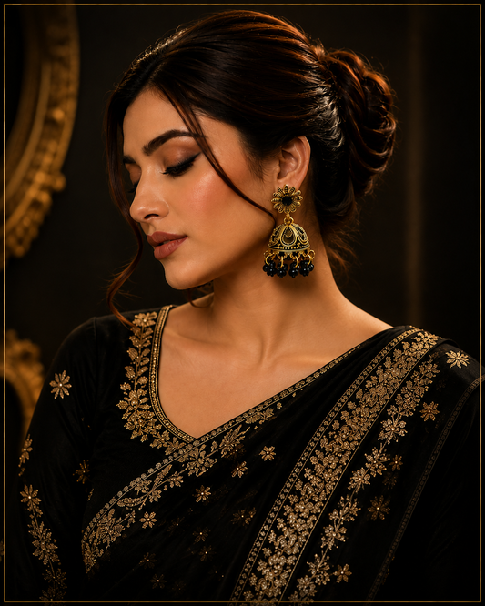 Antique Gold Black Beaded Jhumka Earrings for Women – Traditional Statement Jewelry