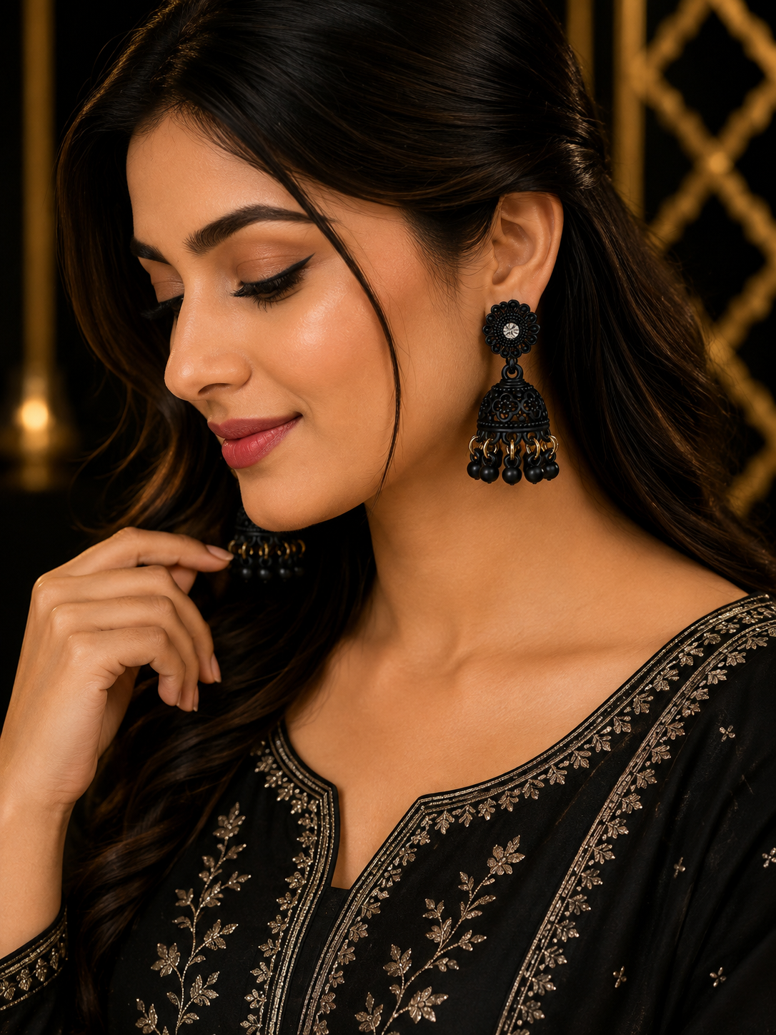 Black Floral Crystal Jhumka Earrings