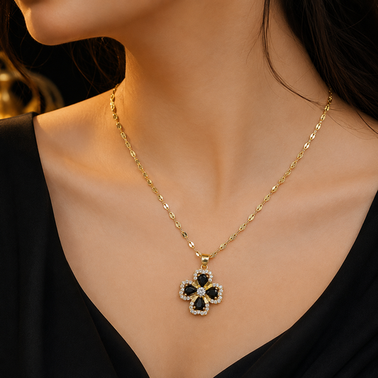 Black Stone Floral Pendant Necklace