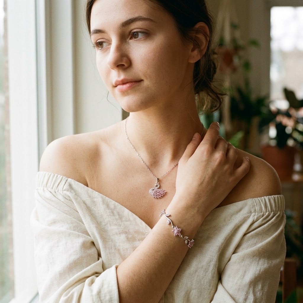 Elegance Pink Swan & Blossom Bracelet Set