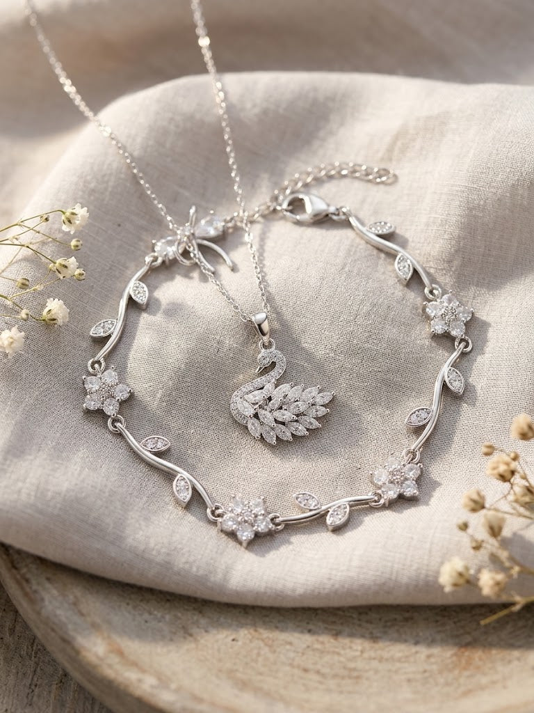 Elegance Silver Swan & Blossom Bracelet Set
