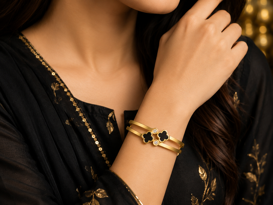 Elegant Stainless Steel Gold Black Clover Bangle Bracelet with Crystal Accents for Women