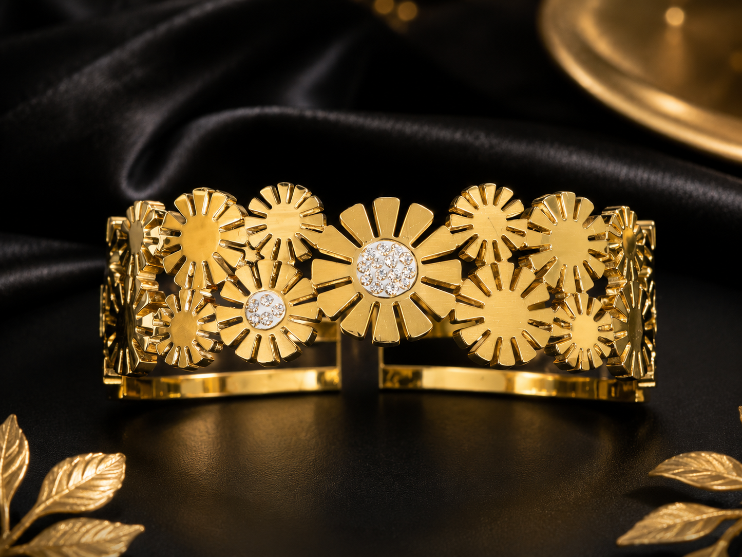 Elegant Stainless Steel Floral Bangle Bracelet for Women – Crystal Flower Statement Jewelry