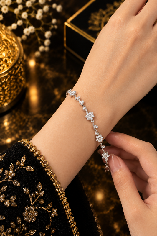 Elegant Silver Floral Crystal Bracelet