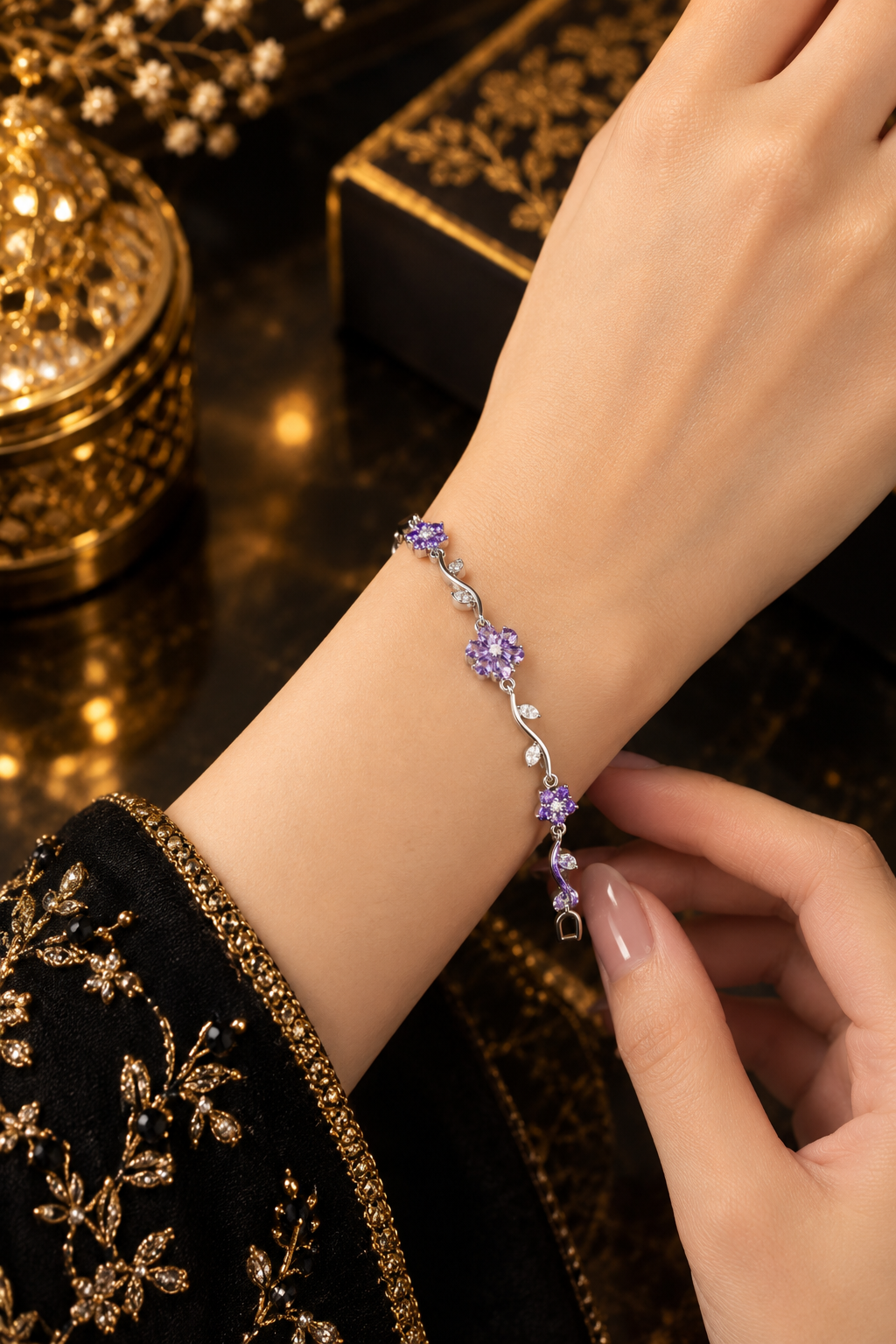 Elegant Stainless Steel Silver Purple Floral Crystal Bracelet