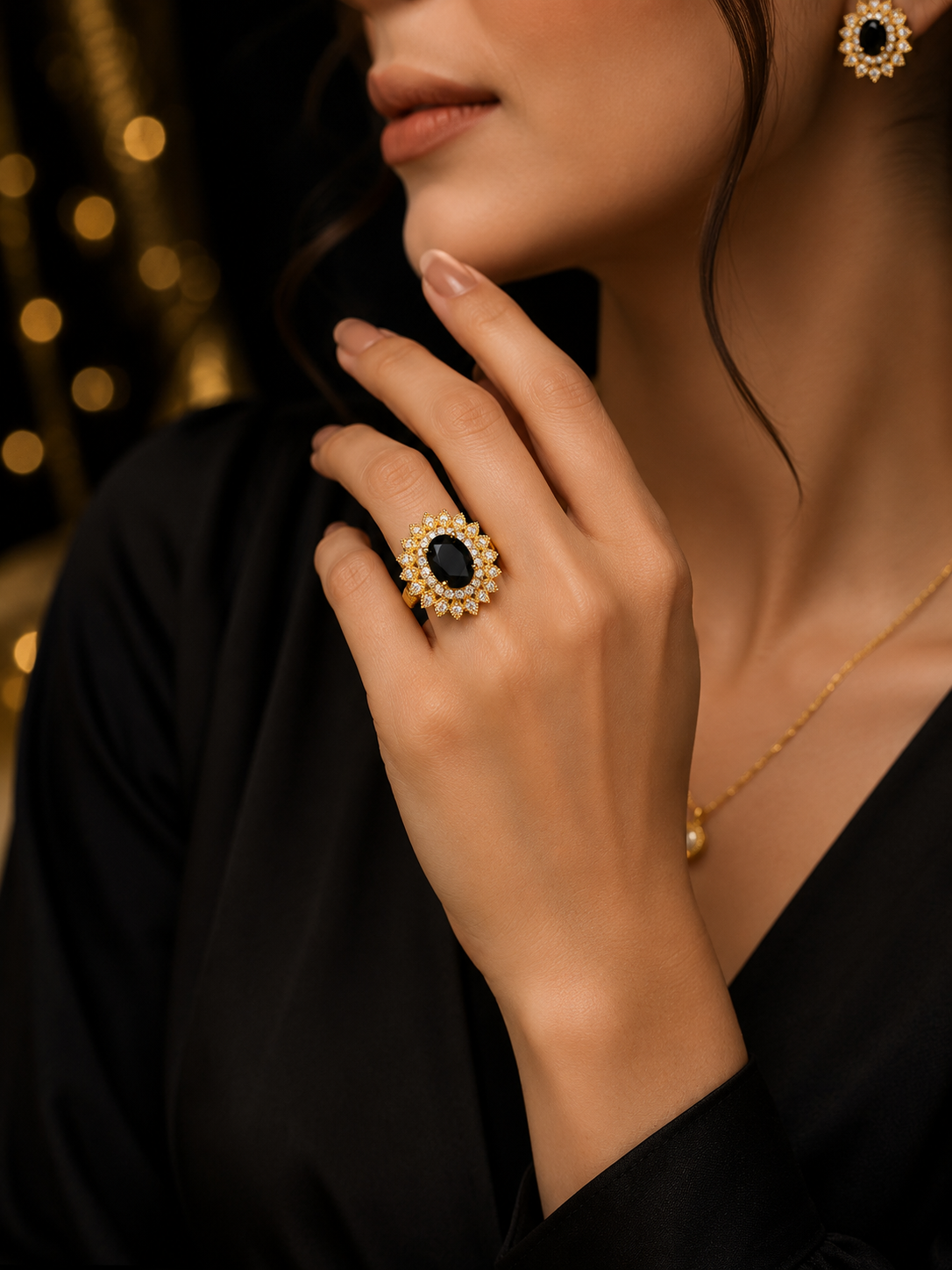 Elegant Gold Black Stone Statement Ring for Women