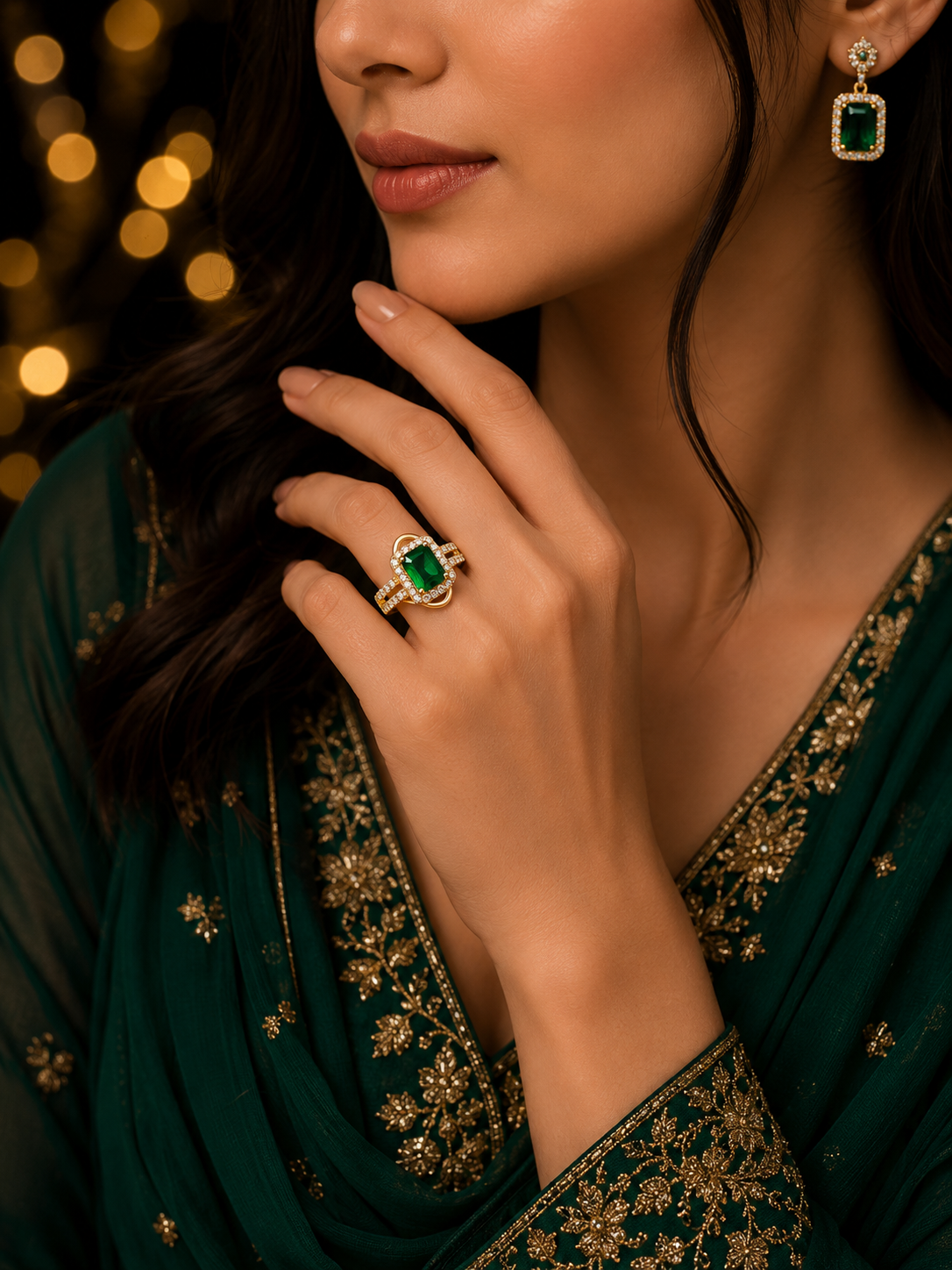 Emerald Green Stone Gold Ring for Women Crystal Halo Statement Ring