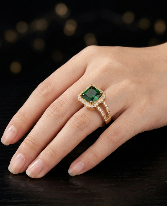 Emerald Green Square Halo Cocktail Ring for Women