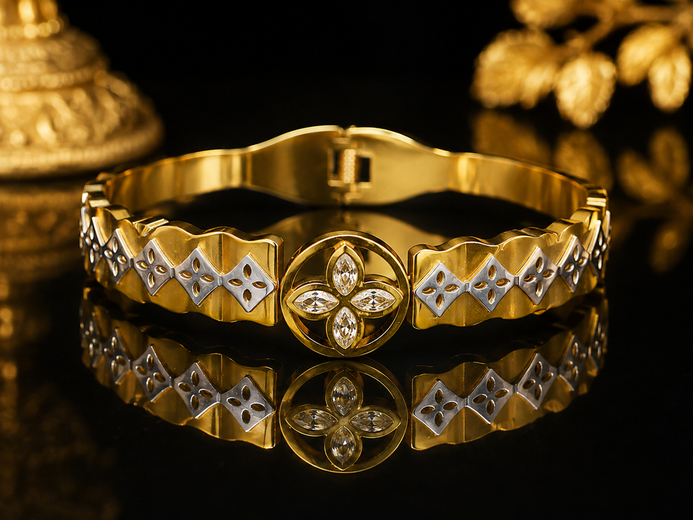 Stainless Steel Gold Floral Crystal Stone Bangle