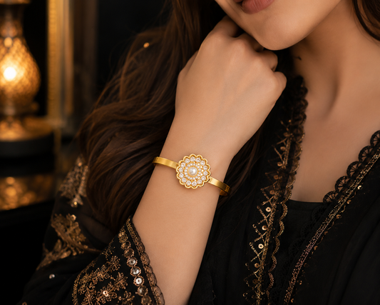 Stainless Steel Gold Pearl Flower Bangle with Crystal Stones