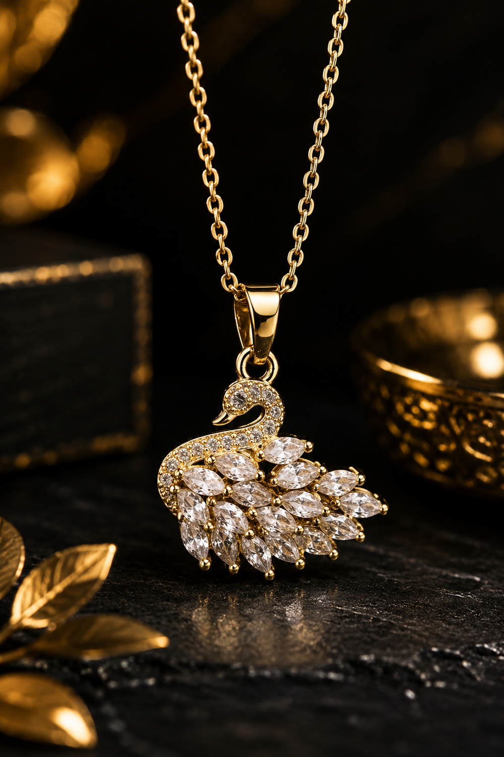 Stainless Steel Crystal & Rhinestone Swan Pendant Necklace