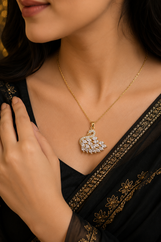 Stainless Steel Crystal & Rhinestone Swan Pendant Necklace