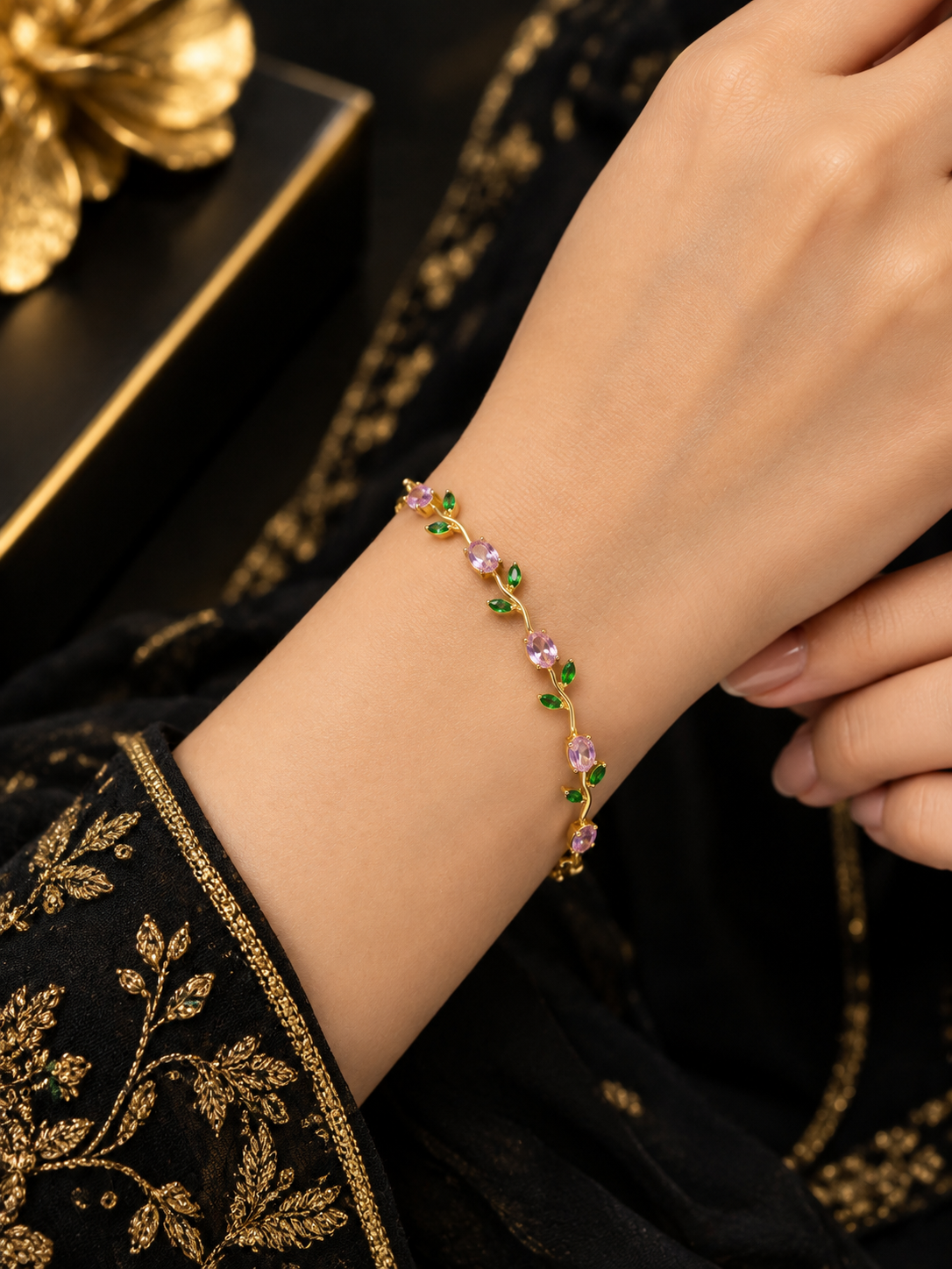 Golden with Pink and Green Leaf Tulip Bracelet
