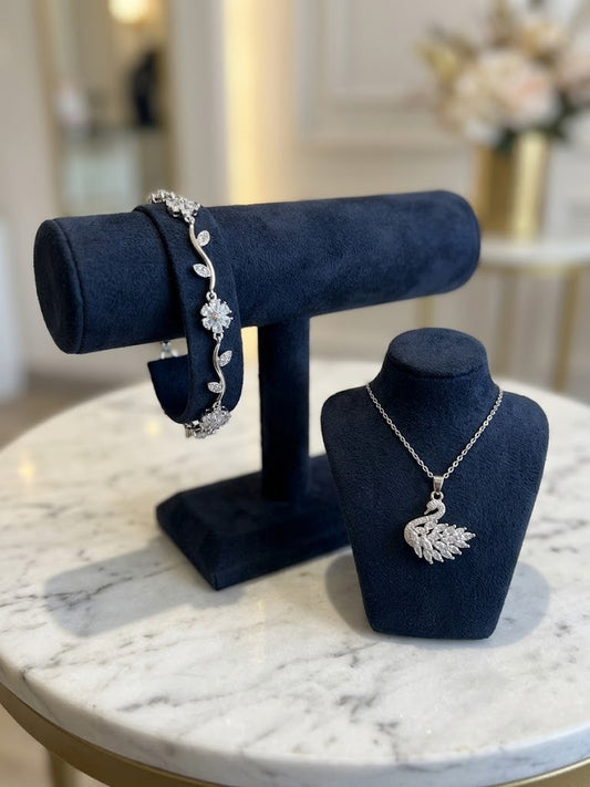 Elegance Silver Swan & Blossom Bracelet Set