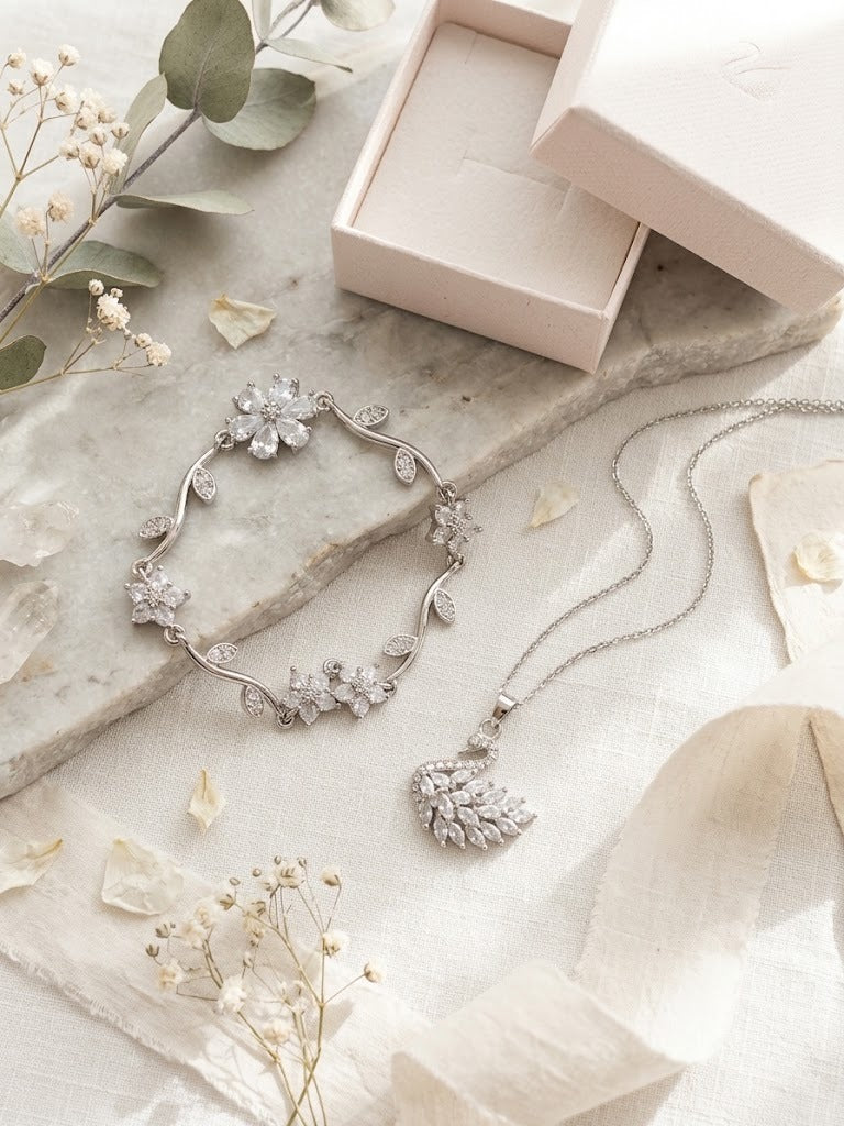 Elegance Silver Swan & Blossom Bracelet Set