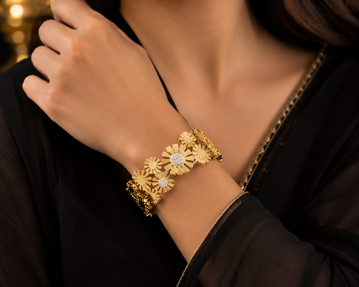 Elegant Stainless Steel Floral Bangle Bracelet – Crystal Flower Statement Jewelry