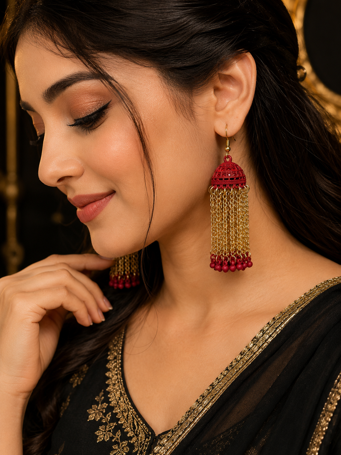Red & Gold Long Chain Jhumka Earrings