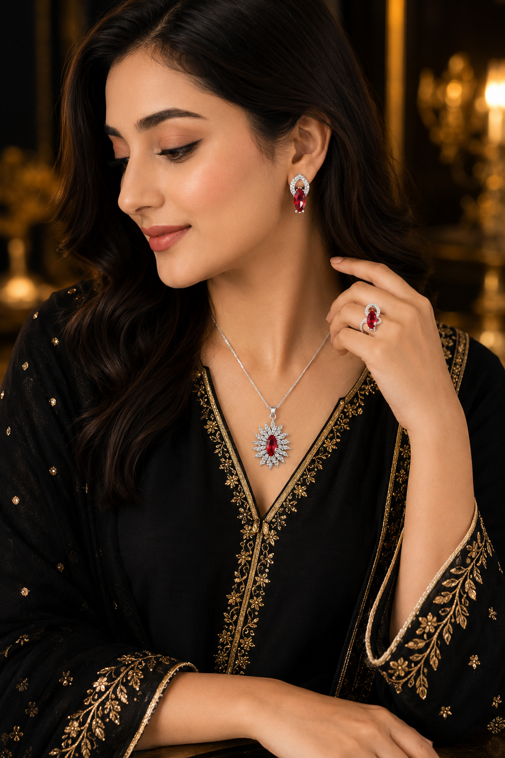 Red Ruby Necklace Earrings Ring Set