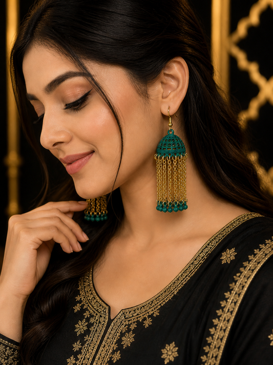 Teal & Gold Long Chain Jhumka Earrings