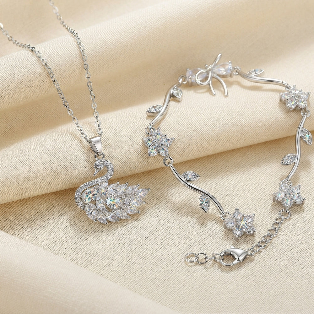 Crystal Swan Pendant & Floral Bracelet Set in Silver
