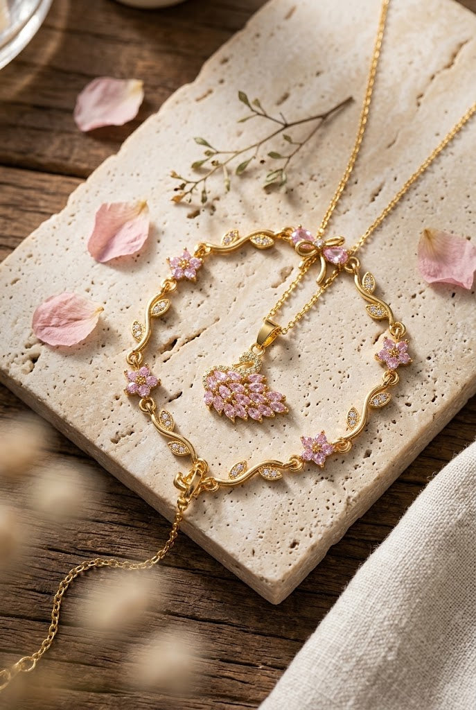 Golden With Pink Swan Pendant with Floral Bow Bracelet Set