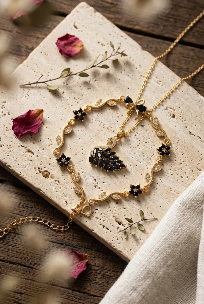 Golden With Black Swan Pendant with Floral Bow Bracelet Set