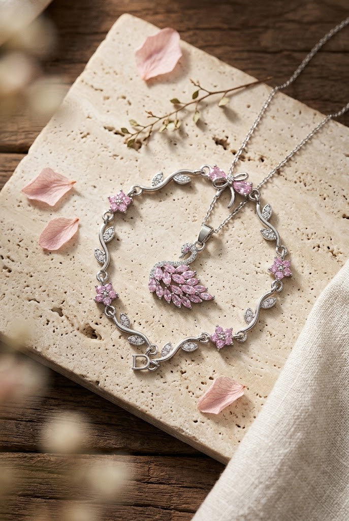 Pink Swan Pendant with Floral Bow Bracelet Set