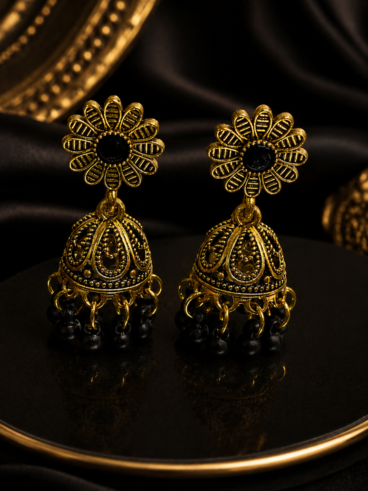 Antique Gold Black Beaded Jhumka Earrings for Women – Traditional Statement Jewelry