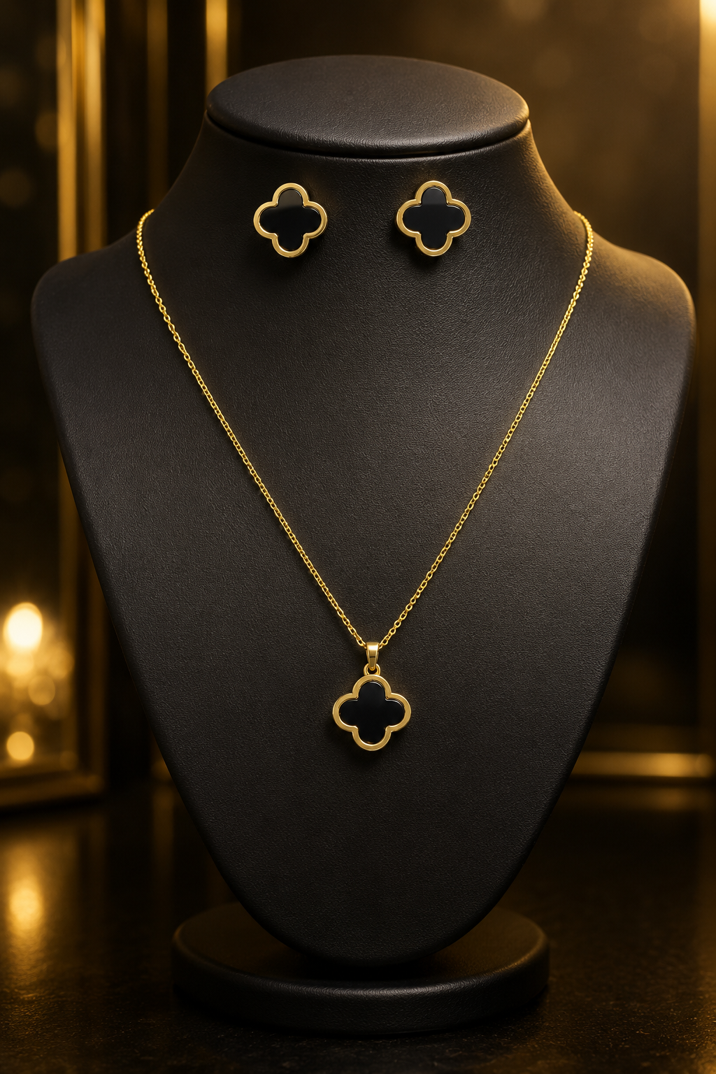 Black Stainless steel Clover Pendant Necklace & Earrings Set