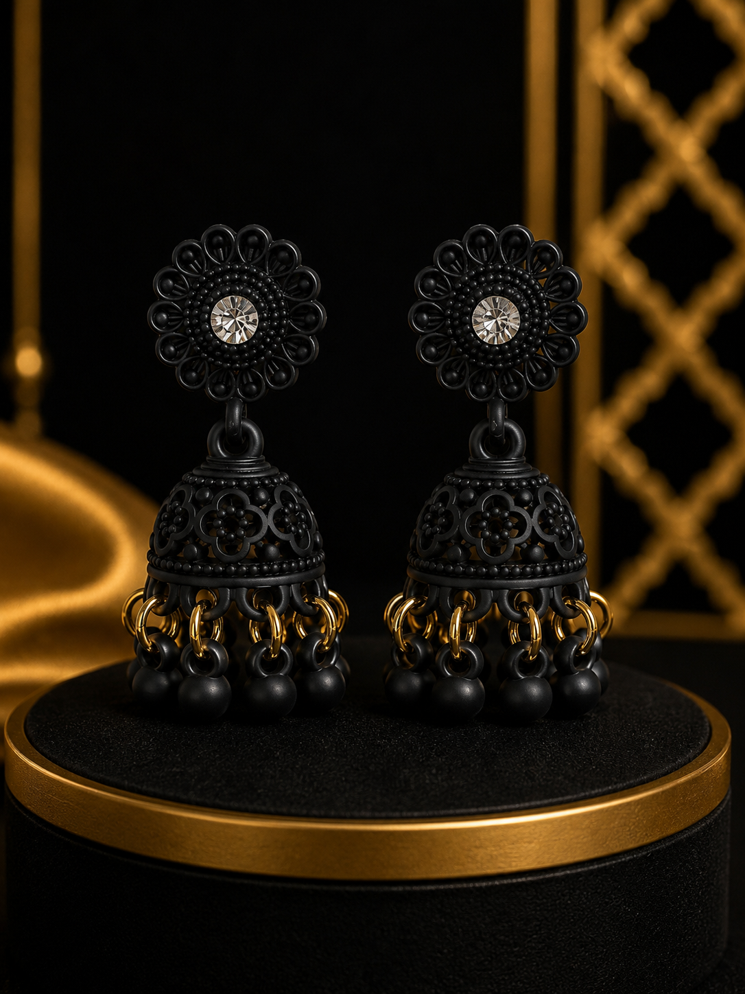Black Floral Crystal Jhumka Earrings