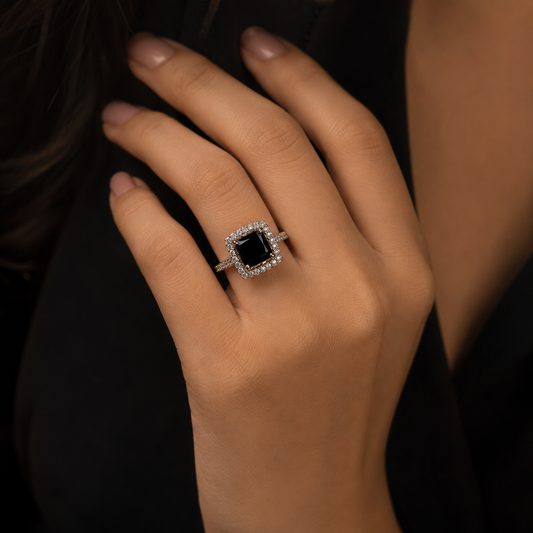Black Square Crystal Halo Statement Ring for Women
