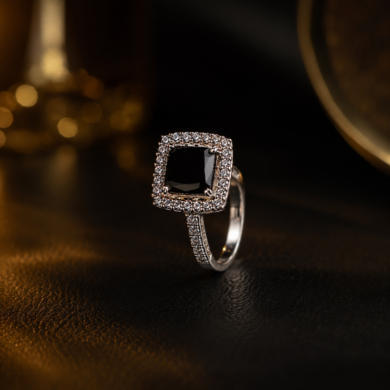 Black Square Crystal Halo Statement Ring for Women