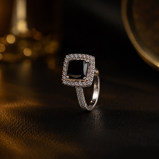 Black Square Crystal Halo Statement Ring for Women