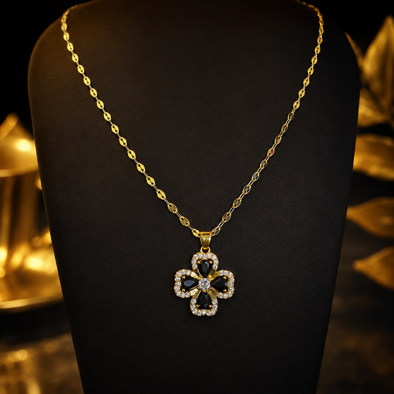Black Stone Floral Pendant Necklace