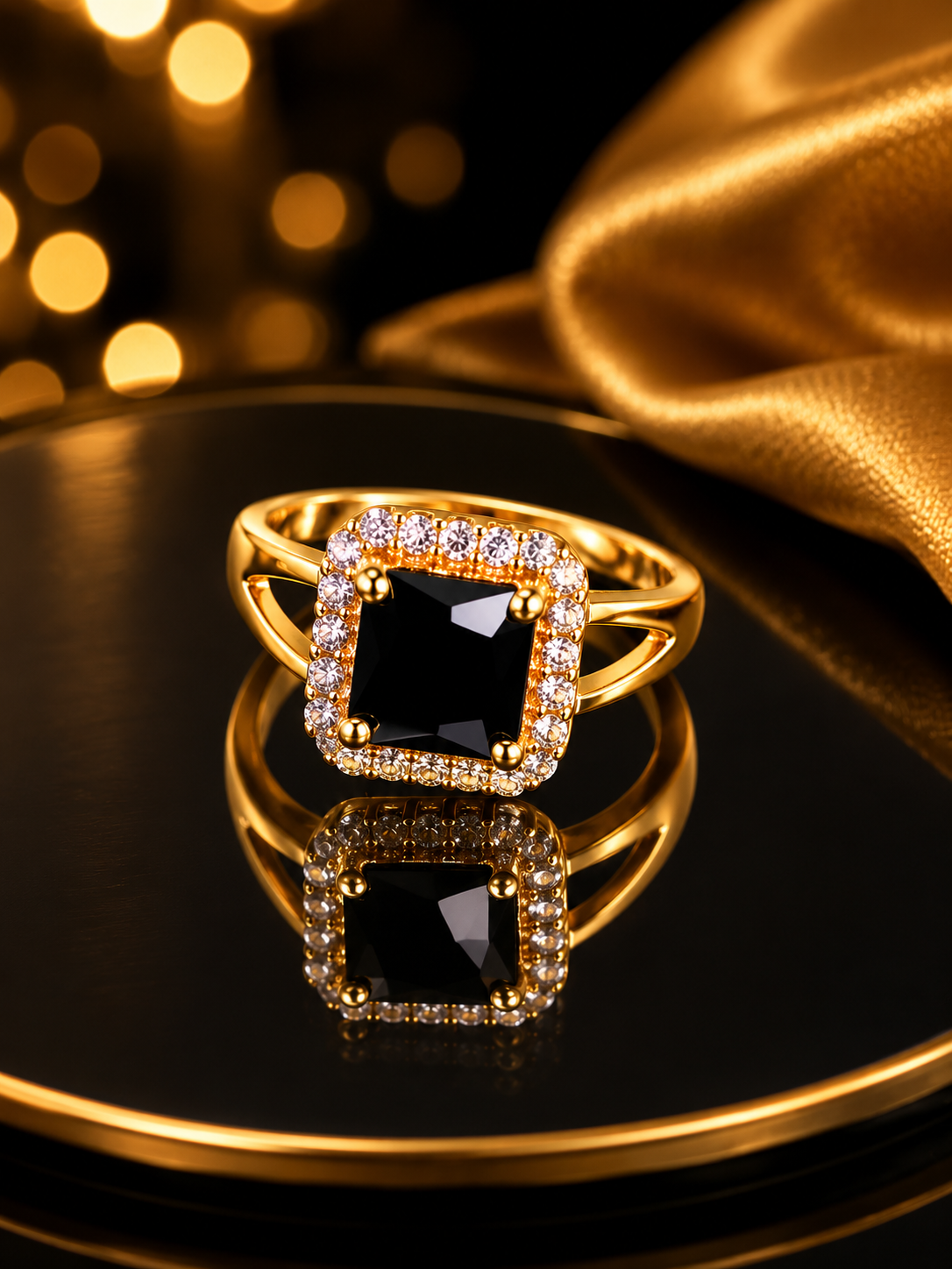Black Stone Gold Ring for Women  Square Crystal Halo Statement Ring