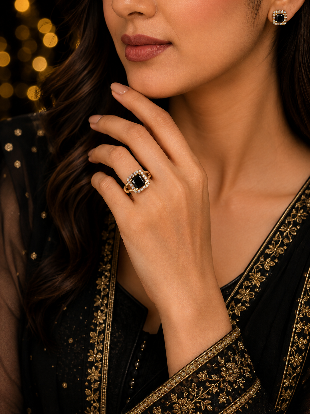 Black Stone Gold Ring for Women  Square Crystal Halo Statement Ring