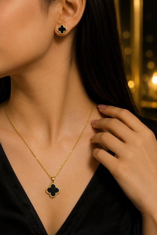 Black Stainless steel Clover Pendant Necklace & Earrings Set