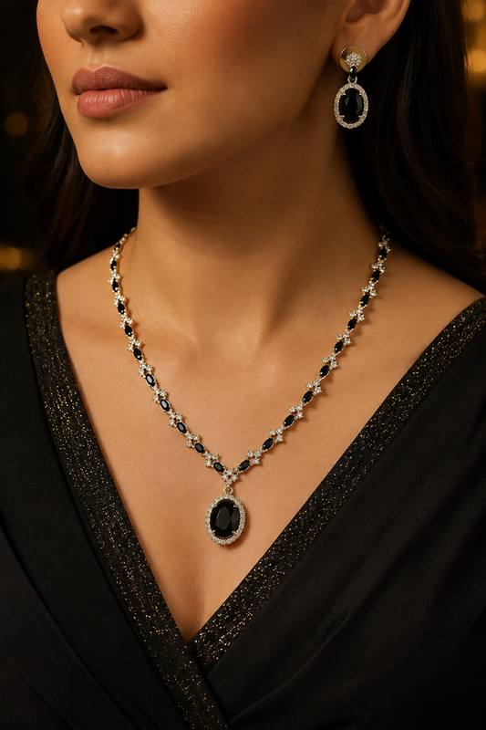 Black Oval Stone Necklace Set