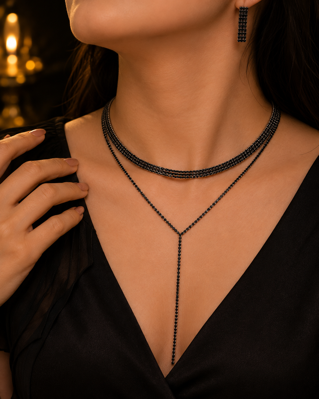 Rhinestone Layered Necklace & Earrings Set