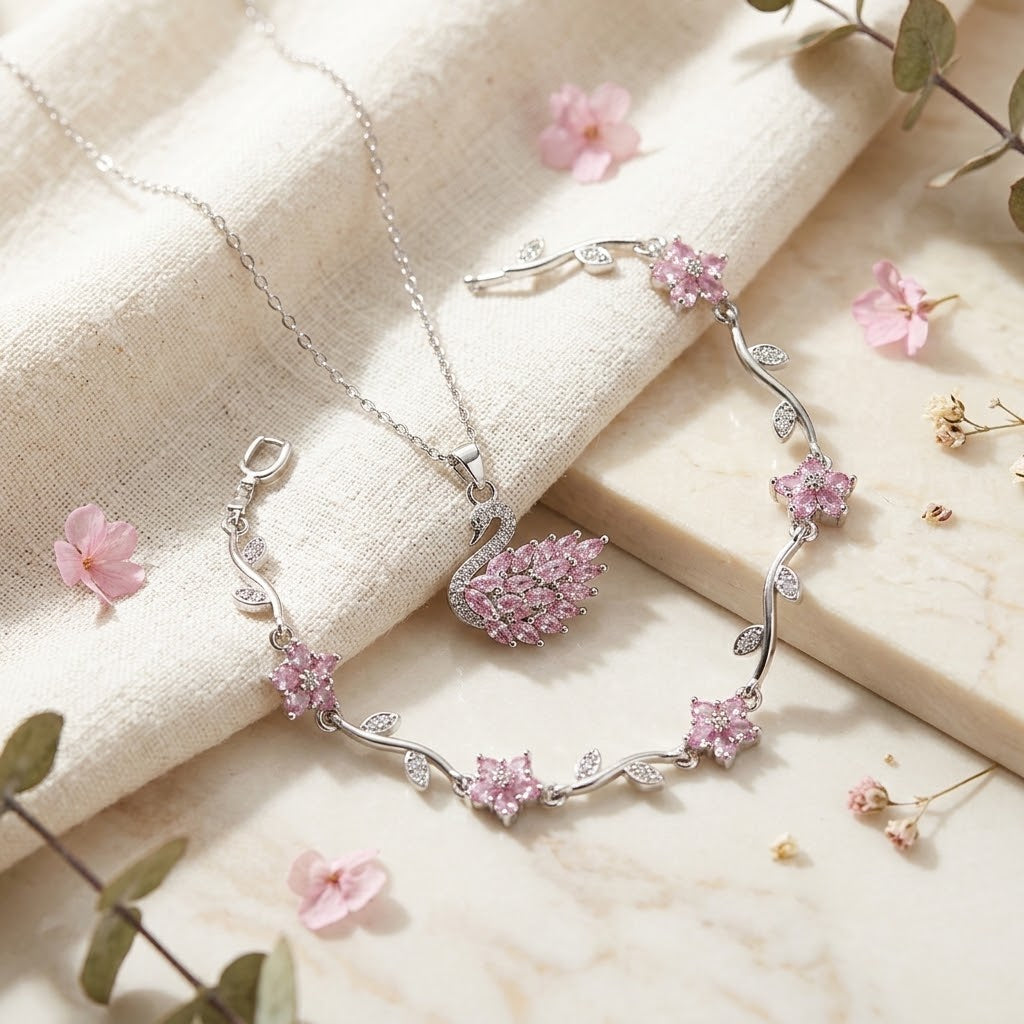 Elegance Pink Swan & Blossom Bracelet Set