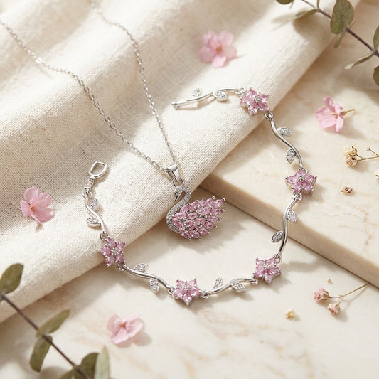 Elegance Pink Swan & Blossom Bracelet Set