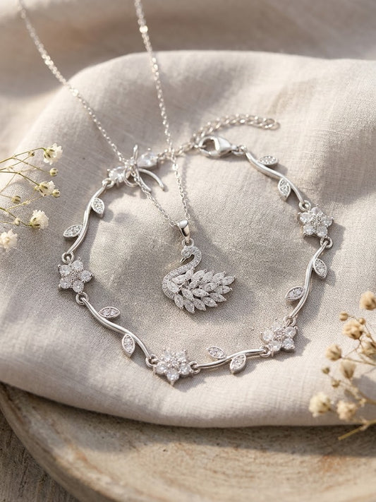 Elegance Silver Swan & Blossom Bracelet Set