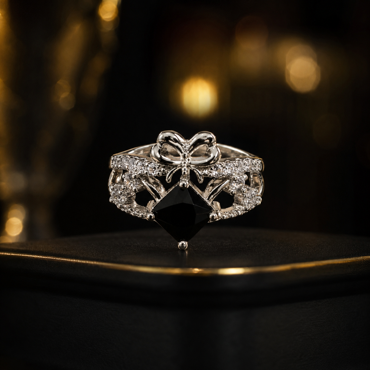 Elegant Black Stone Bow Ring