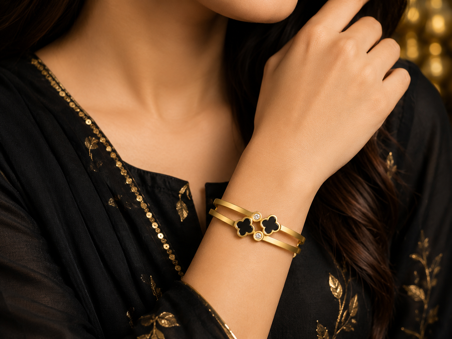 Elegant Stainless Steel Gold Black Clover Bangle Bracelet with Crystal Accents for Women