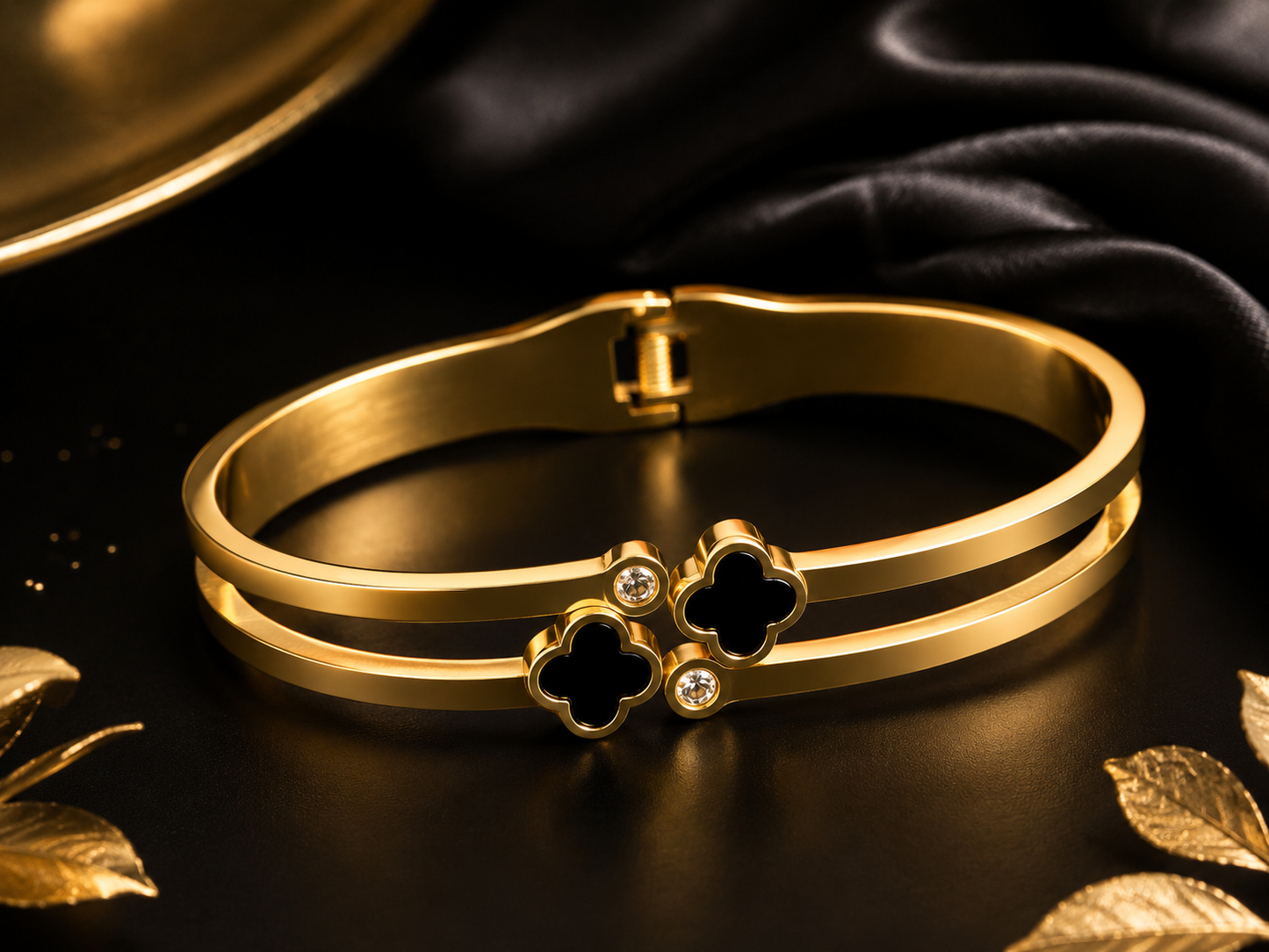 Elegant Stainless Steel Gold Black Clover Bangle Bracelet with Crystal Accents for Women