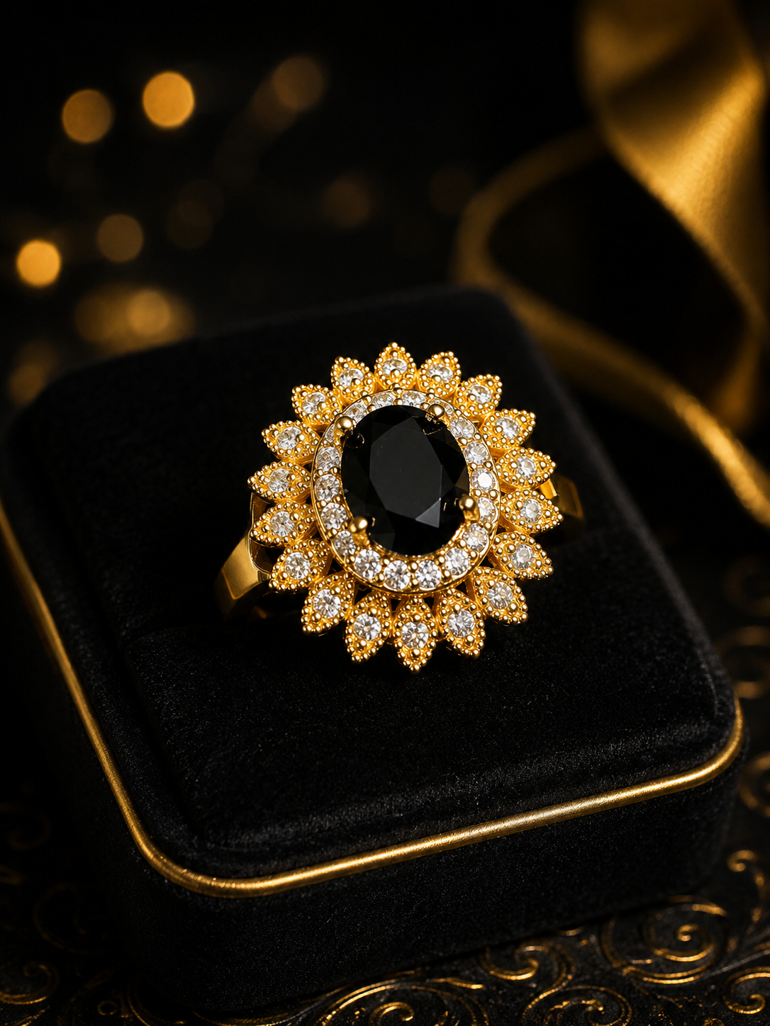 Elegant Gold Black Stone Statement Ring for Women