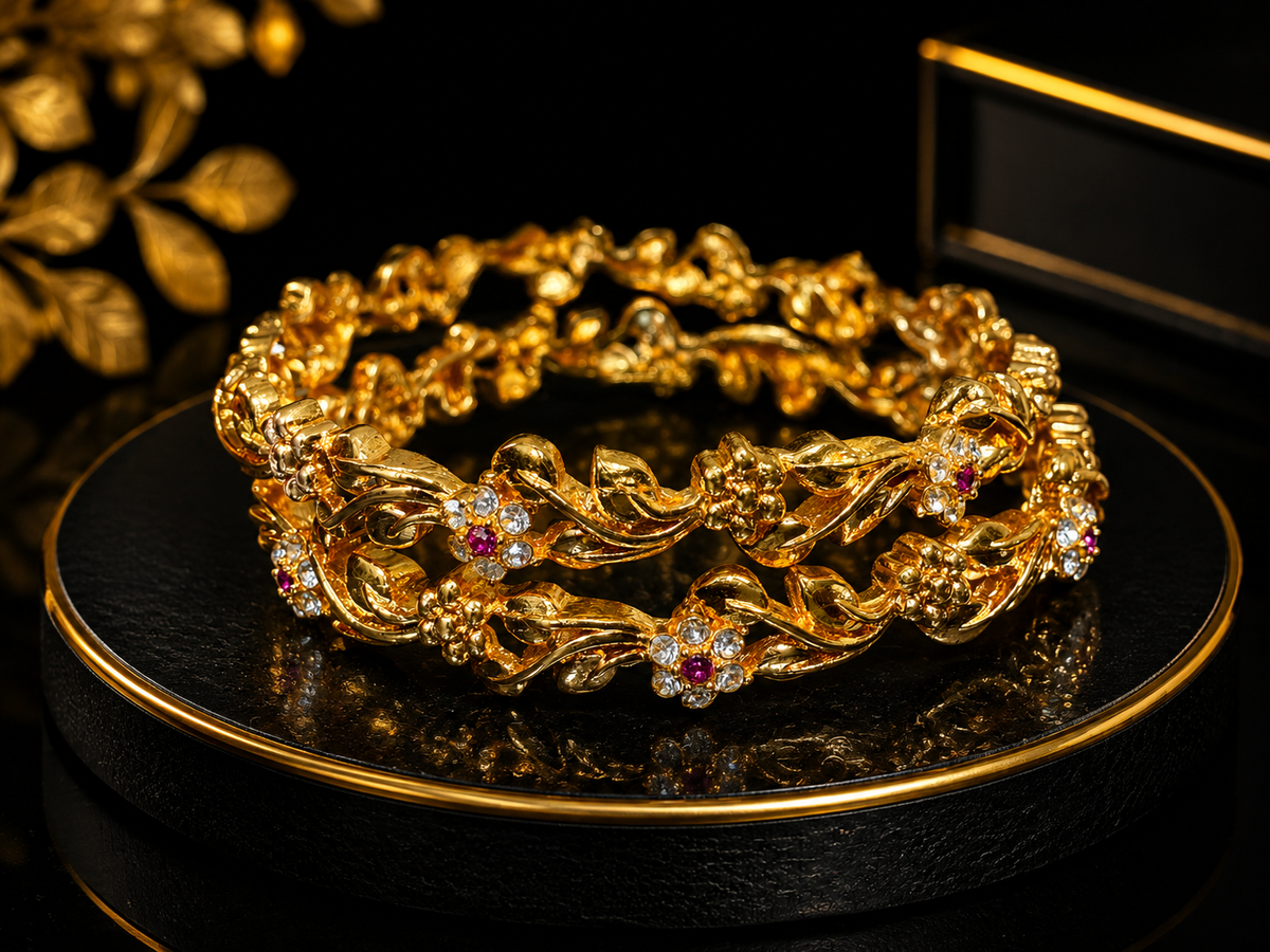 Elegant Gold Floral Bangles with Rhinestone & Ruby Accents