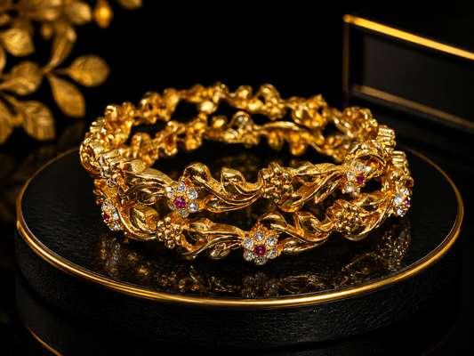 Elegant Gold Floral Bangles with Rhinestone & Ruby Accents