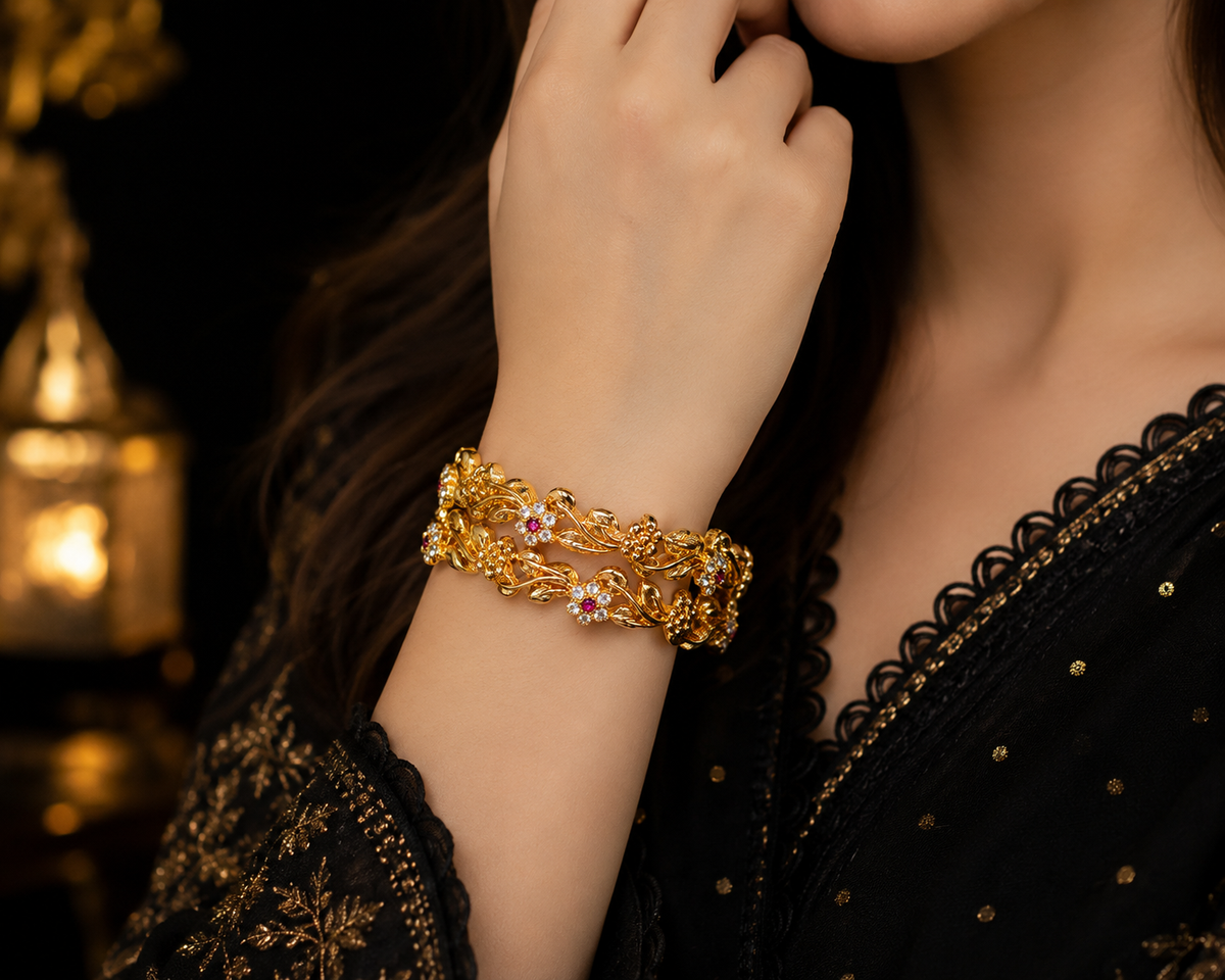 Elegant Gold Floral Bangles with Rhinestone & Ruby Accents