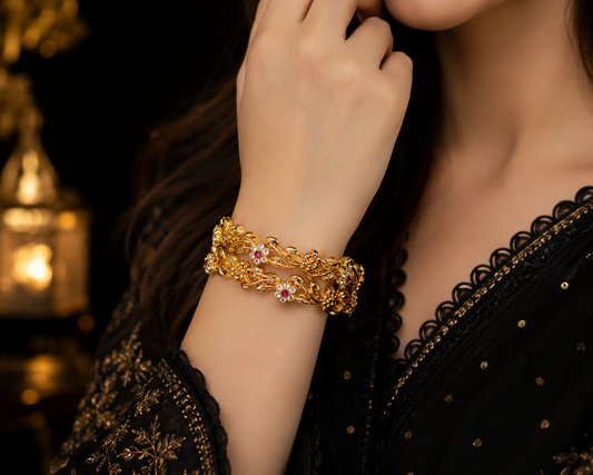 Elegant Gold Floral Bangles with Rhinestone & Ruby Accents